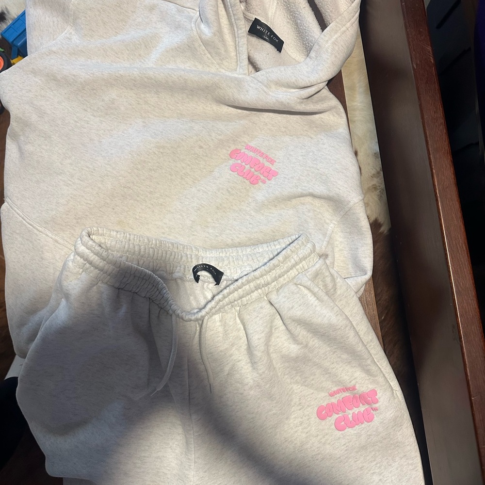White Fox Boutique Gray and Pink Hoodie and Joggers Set.